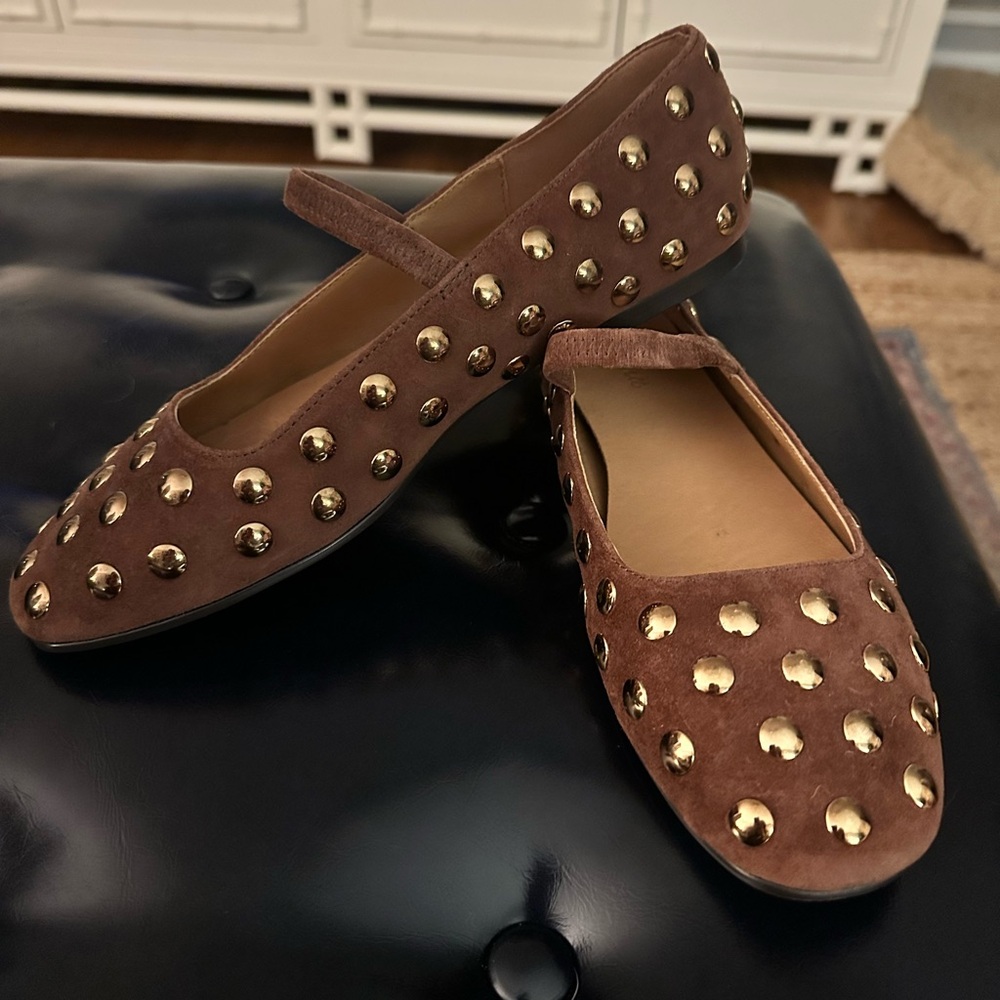 Madewell Greta Brown Suede Flats with Gold Studs